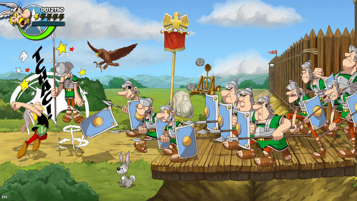 Asterix und Obelix verkloppen Römer, die über eine Brücke laufen