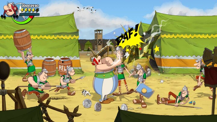 Obelix verprügelt Römer in einem römischen Lager