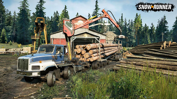 Blauer Truck mit Holzanhänger und Kran, Holzstämme