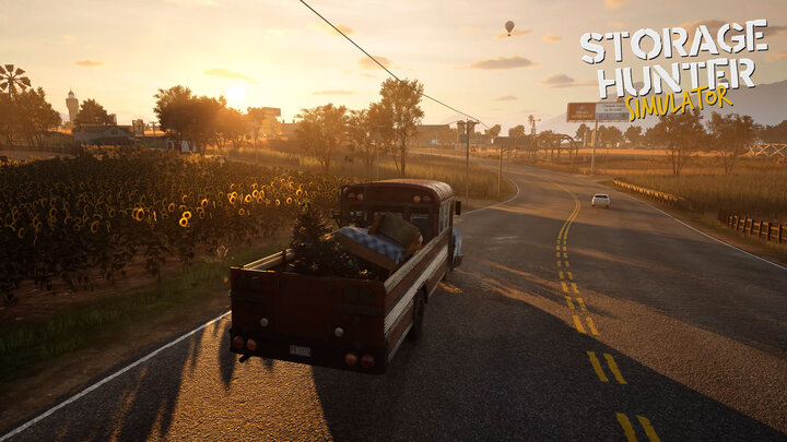 [Translate to German:] Storage Hunter Simulator, driving your truck in the sunset