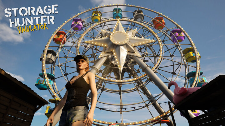 [Translate to German:] Storage Hunter Simulator, auctioneer standing in front of ferris wheel