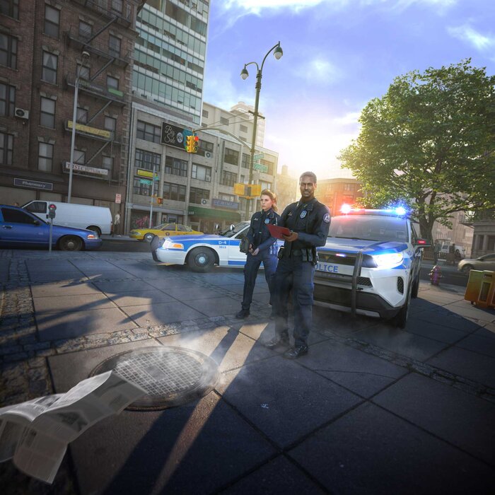 police officers standing in front of police car in a city. Houses can be seen in the background. Polizisten stehen vor einem Polizeiauto, im Hintergrund sind die Häuser einer Stadt zu sehen. 